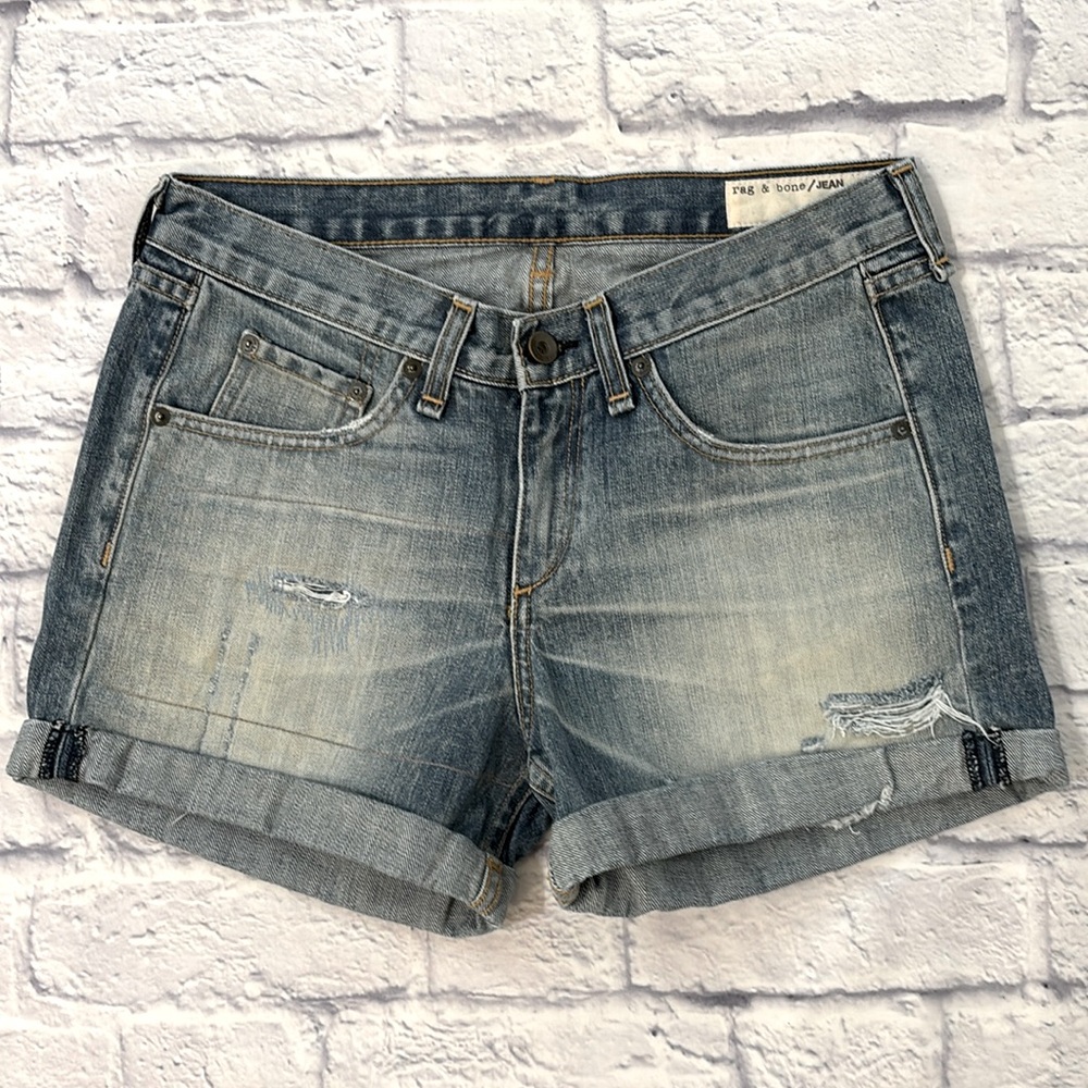 Rag & Bone Low Rise Boyfriend Shorts Cuffed Hem Distressed Jean Shorts Size 25